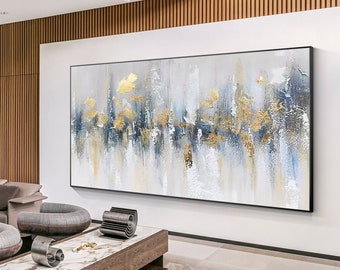 Gold & Blue Abstract Painting on Canvas: Modern Textured Wall Art
