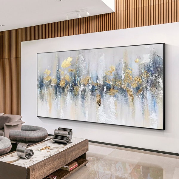 Gold Foil Gray Blue 3D Texture Abstract Painting On Canvas, Living Room Bedroom Oversize Large Luxury Gold Blue Wall Art Landscape Art Decor