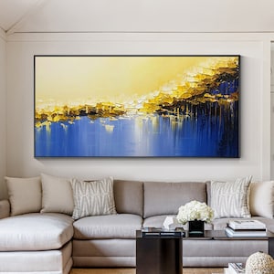 Blue Yellow City Night Scene Texture Wall Art, Original Blue Painting on Canvas, Horizontal Modern Wall Art Living Room Decor