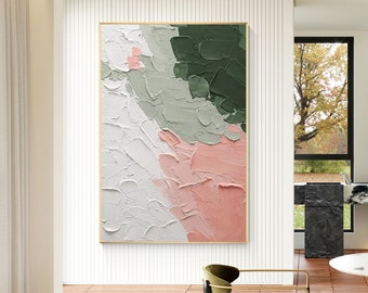 Puede incluir: Pintura abstracta con un esquema de color blanco, rosa y verde. La pintura tiene un efecto texturizado, de pinceladas.