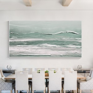 White Light Green 3D Thick Texture Art Abstract Ocean Waves Painting On Canvas Living Room Oversize Large Coastal Wall Art Green Wall Decor