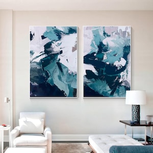 Abstract Blue Teal Canvas Painting Set of 2 Modern Textured Wall Art