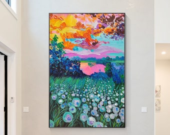 Arte de pared texturizado original y colorido con atardecer, pintura de flores con espátula, arte de pared con paisaje natural campestre moderno para sala de estar grande