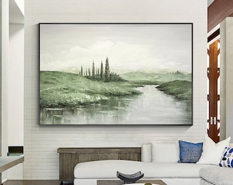 Green Grassland River Landscape Painting, Large Horizontal Canvas Wall Art