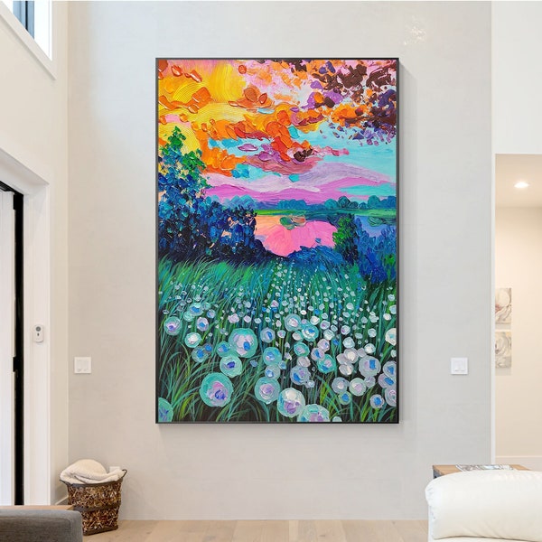 Art mural texturé original coloré au coucher du soleil, peinture de fleurs au couteau à palette, grand salon moderne pays paysage naturel art mural