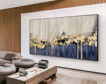 Gold Foil Abstract Painting: Navy Blue Beige Modern Luxury Wall Art