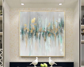 Pintura abstracta texturizada 3D en verde azulado y dorado sobre lienzo, arte de pared abstracto cuadrado en verde azulado y dorado, arte de pared extragrande, nueva decoración para el hogar.