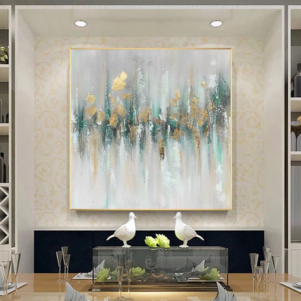 Teal Gold Foil 3D Textured Painting On Canvas, Square Abstract Gold Teal Wall Art, Oversize Extra Large Huge Wall Art Home Luxury Art Decor