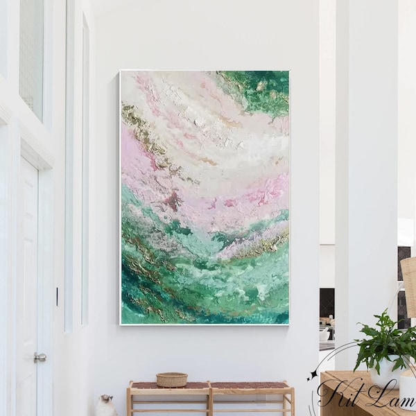 Contemporary Green Pink Gold Abstract Painting - Oversized Textured Wall Art - Large Vertical Boho Decor for Living Room