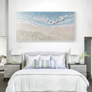 Seascape Beach 3D Thick Texture Handmade Wall Art Blue Ocean Landscape Painting On Canvas Large Size Horizontal Coastal Sea-view Wall Decor