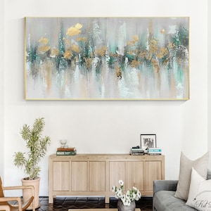 Gold Green Texture Abstract Painting On Canvas, Living Room Bedroom Large Size Horizontal Green Gold Leaf Abstract Canvas Luxury Wall Art