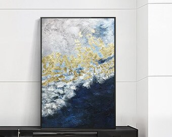 ネイビーブルーの金箔抽象画：大きな横長キャンバスアート - Etsy 日本