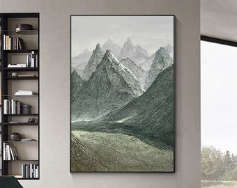 Abstract Mountain Painting, Gray Green Texture on Canvas, Large Wall Art