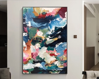 May include: Abstract painting with bold strokes of blue, green, pink, yellow, and white paint on a black background.