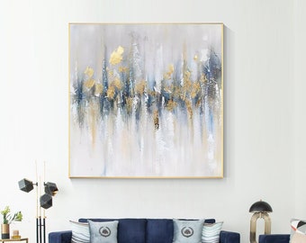Abstract Gold Foil Painting On Canvas: Gray Blue 3D Textured Luxury Wall Art