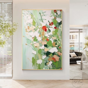 Peinture à l'huile texturée fleurs sauvages : grande toile florale abstraite verticale