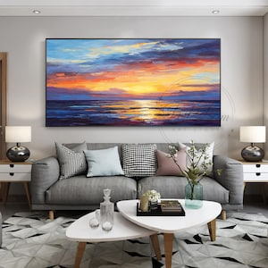 Seascape Sunset Texture Hand-painted Wall Art Calm Ocean Landscape Painting Canvas Large Size Horizontal Coastal Sea-view Room Wall Decor