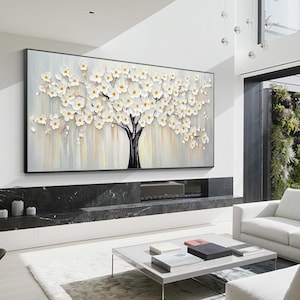 Textured White Flower Tree of Life Oil Painting: 3D Floral Impasto Canvas Art
