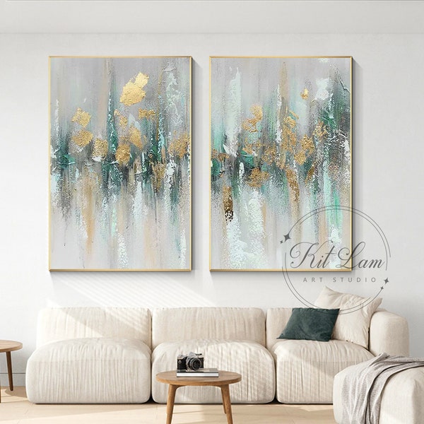 2 Pieces Gold Foil Teal Green 3D Texture Abstract Painting On Canvas, Livingroom Oversize Large Luxury Gold Wall Art, Set of 2 Art Decor