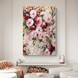 Pink Red Rose Impressionist Painting Textured Flowers Wall Art, Home Pink Wall Art Decor Large Size, Original Oil Painting Canvas Flower Art