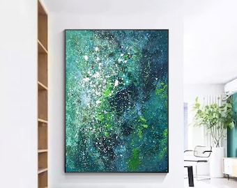 緑の森のアクリル画、縦長のキャンバスウォールアート - Etsy 日本