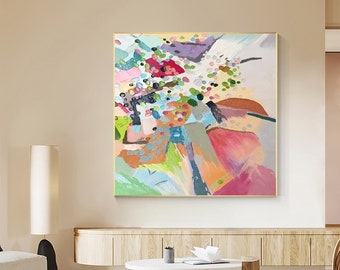 Dipinto astratto colorato dipinto a mano: decorazione murale rosa per stanza boho