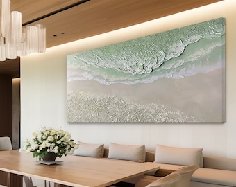 Seascape Beach 3D Heavy Texture Painting on Canvas, Gray Green Sea Waves Painting, Ocean Coastal Wall Art, Beach Wall Art Living Room Decor