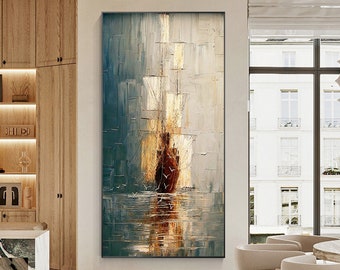 Textured Sailboat Oil Painting On Canvas: Coastal Ocean Sailing Ship Vertical Wall Art