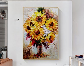 Sunflower Textured Painting, Original Palette Knife Painting On Canvas, Orange Colorful Flowers Wall Art, Sunflower Painting