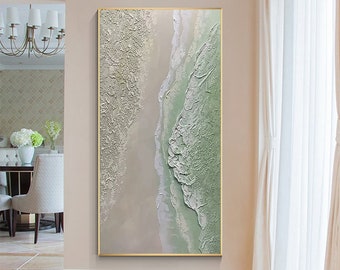 Pintura de paisaje marino de playa en 3D con textura gruesa sobre lienzo, pintura de olas de mar verdes y grises, arte mural costero oceánico, decoración de sala de estar con arte playero