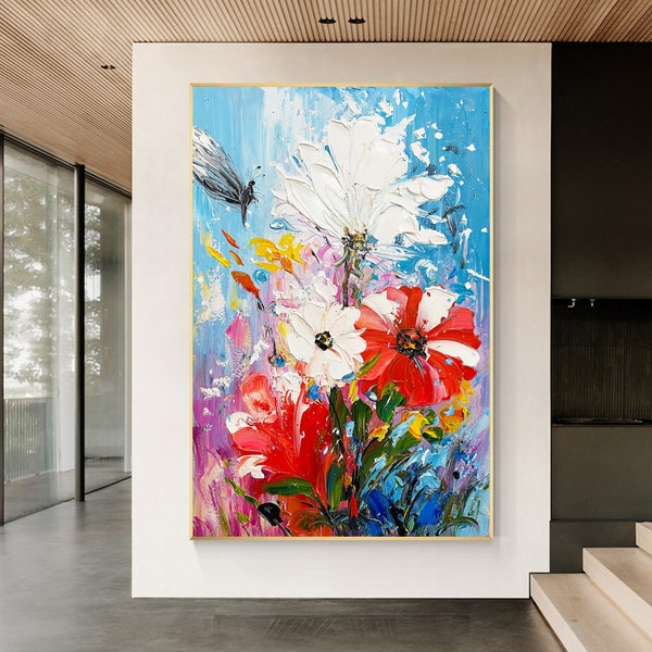 Red White 3D Textured Flower Art Hand-painted Original Painting On Canvas Flower Painting Large Size Modern Impressionist Flower Art Decor