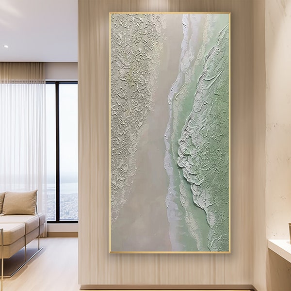 Seascape Beach 3D Thick Texture Painting on Canvas, Gray Beach Green Sea Waves Painting, Ocean Coastal Wall Art, Beach Art Living Room Decor