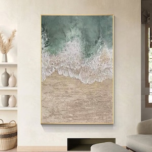 Beige Beach Green Sea Waves 3D Textured Seascape Painting, Abstract Seascape Wall Art Decor, Coastal Beach Ocean Oversize Home Wall Art