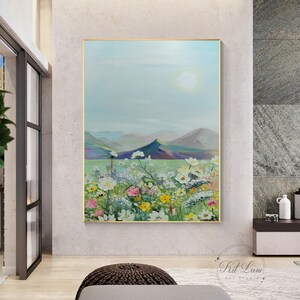 Flowers Mountain Abstract Painting, Textured Original Painting On Canvas, Colorful Flowers Country Wall Art Decor