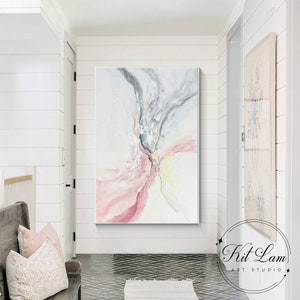 Pink Gray Abstract Watercolor Painting On Canvas, Original Painting, Vertical Oversize Extra Large Abstract Wall Art Home Decor