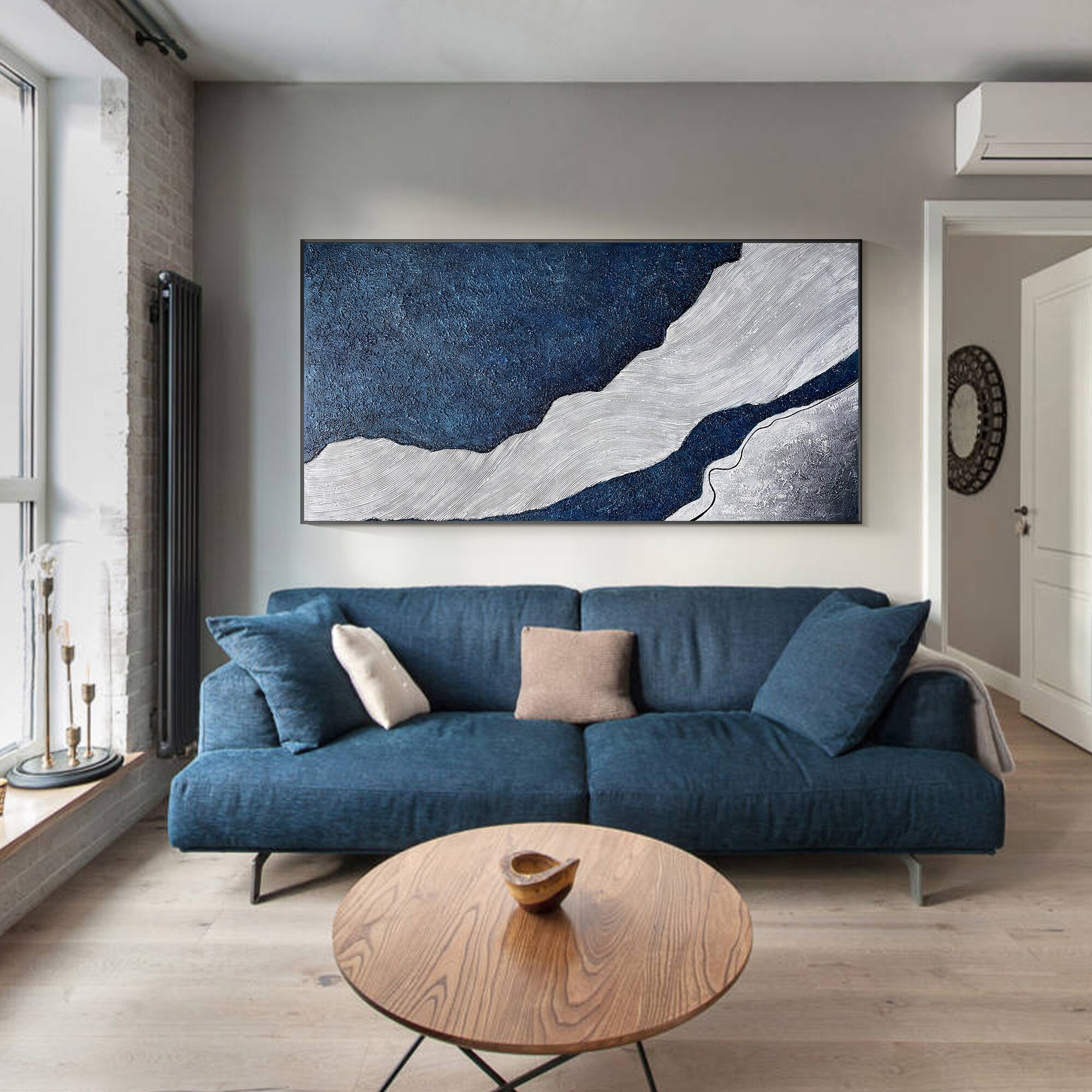 Dark Blue Gray Thick Coastal Art Abstract Ocean Painting Seascape Blue Wall Decor Living Room ...
