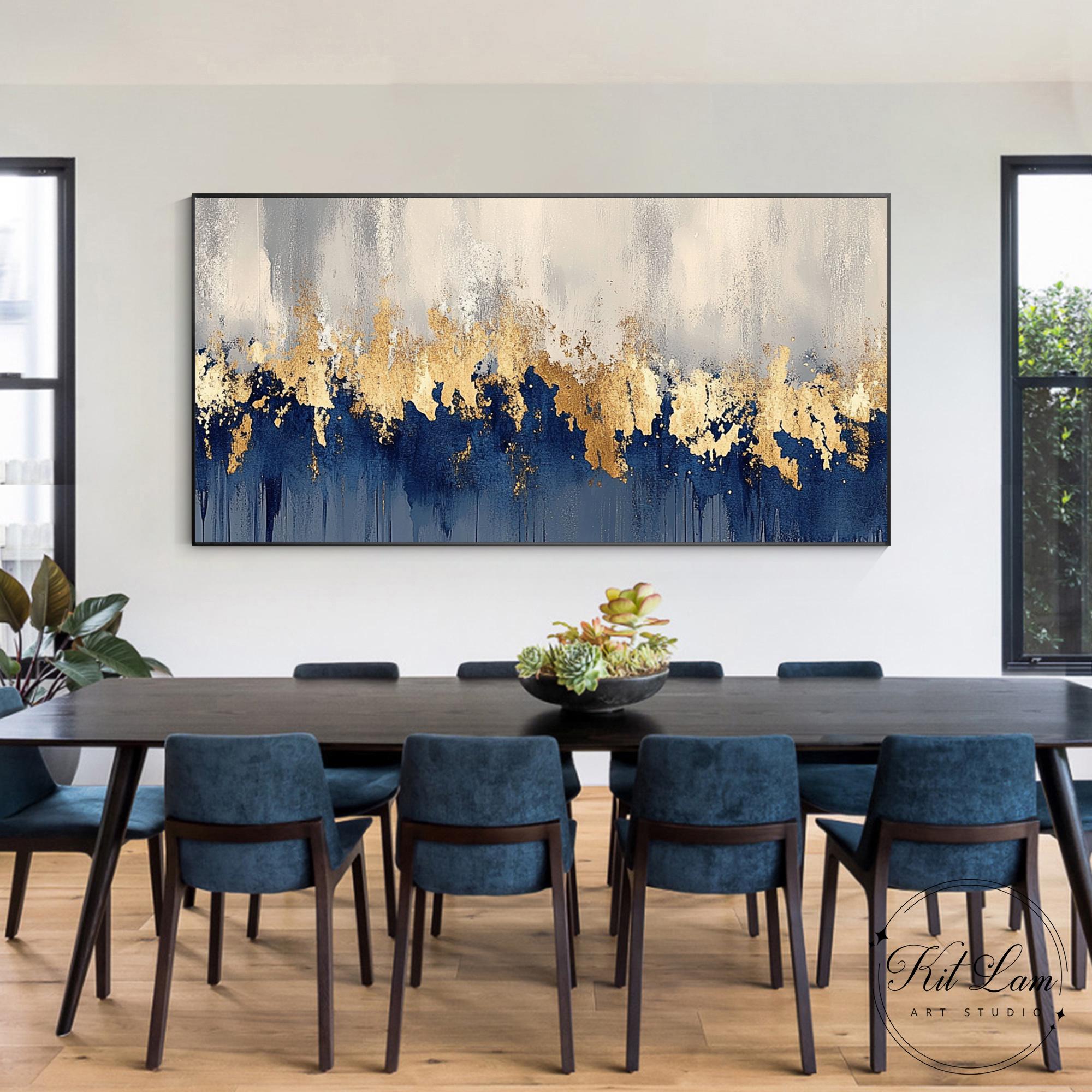 Gold Leaf Blue Abstract Painting on Canvas Modern Luxury Large ...