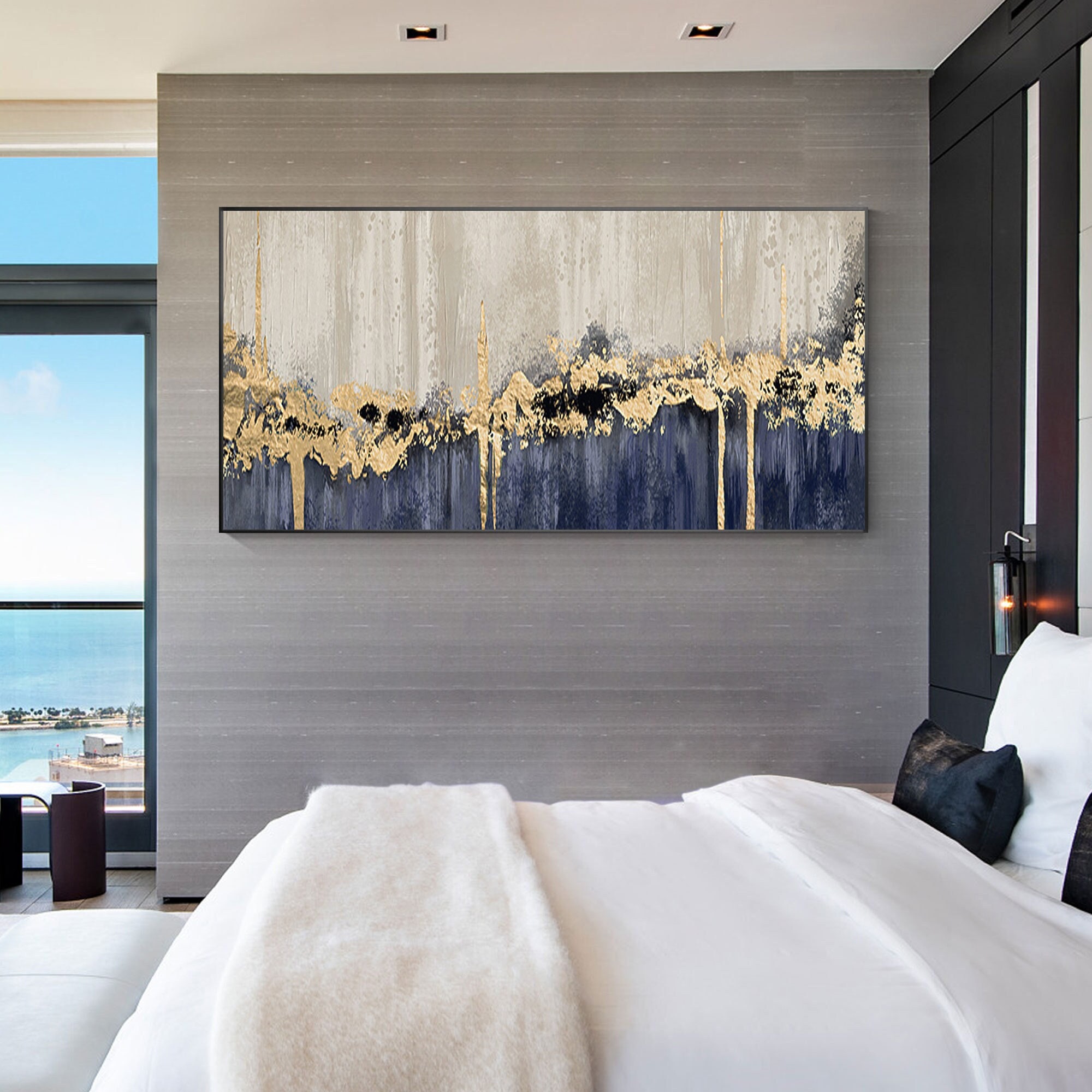 Gold Leaf Texture Abstract Painting: Navy Blue Beige Modern Luxury Gold ...