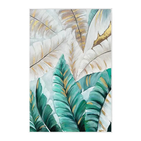 Boieesen Handgemaltes Ölgemälde „Abstraktes Bananenblatt“ – 61 X 122 Cm, Auf Leinwand, In Grün, Weiß & Gold