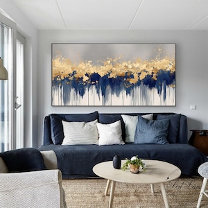 Blue Gold Leaf Textured Abstract Flower Painting On Canvas Gold Modern Artwork Large Size Gold Dark Blue Art Horizontal Navy Blue Wall Decor