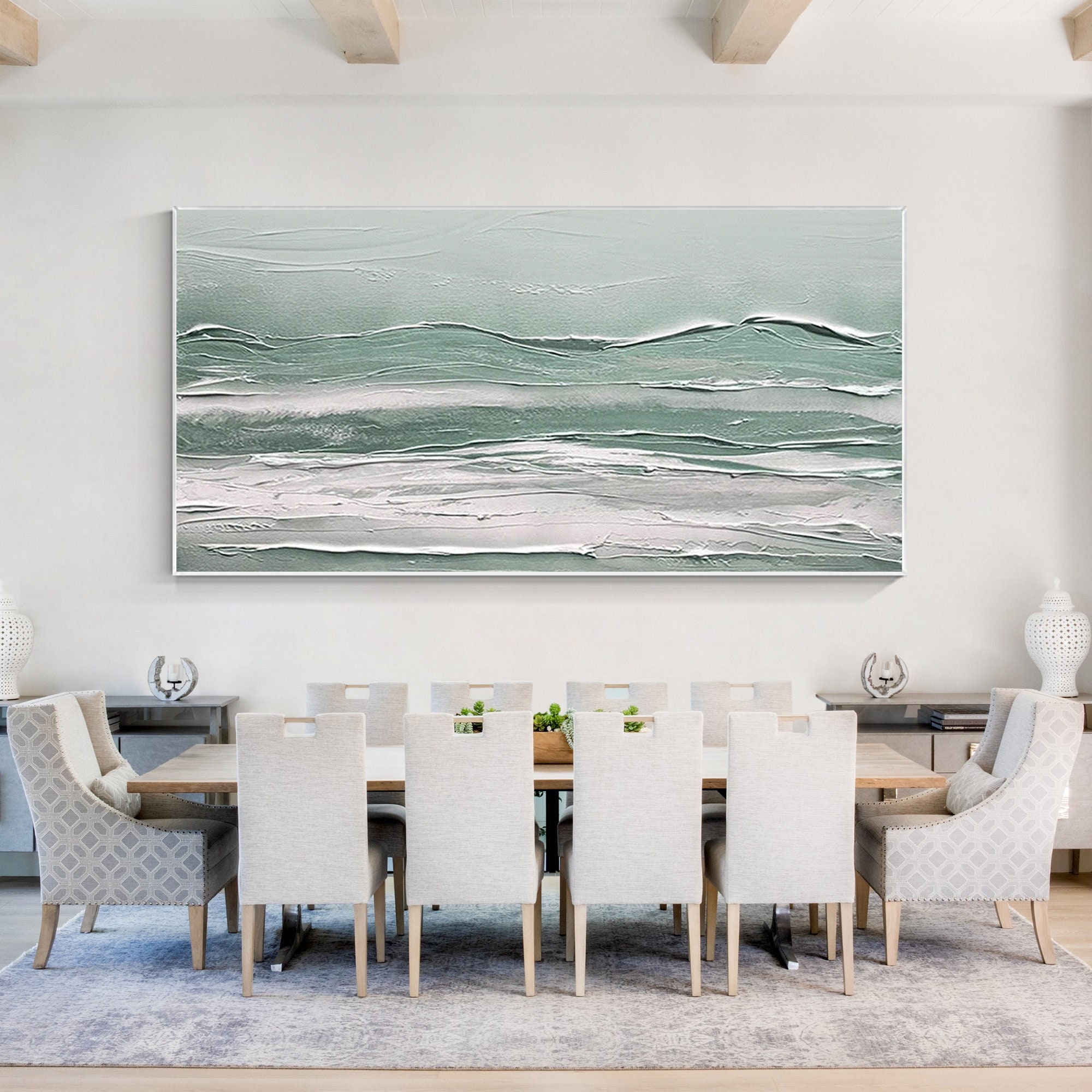 Textured Abstract Ocean Waves Painting: Coastal Green White Wall Art