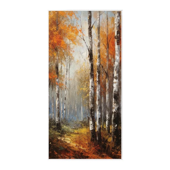 テクスチャのある白樺の森の油絵 縦向きの黄金色の秋の風景画 ウォール