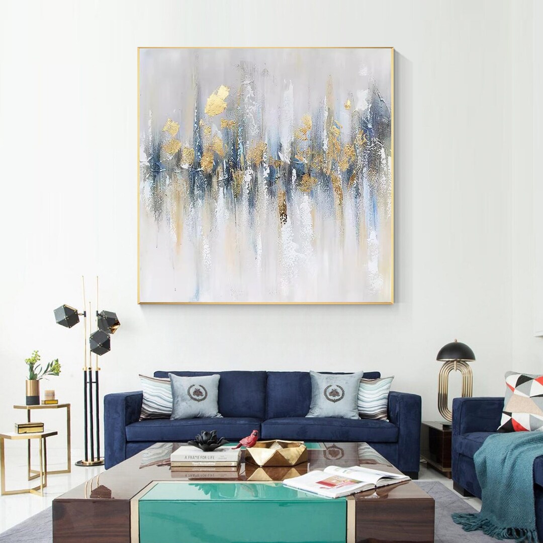Gray Blue Gold Foil 3D Textured Painting on Canvas, Square Abstract ...