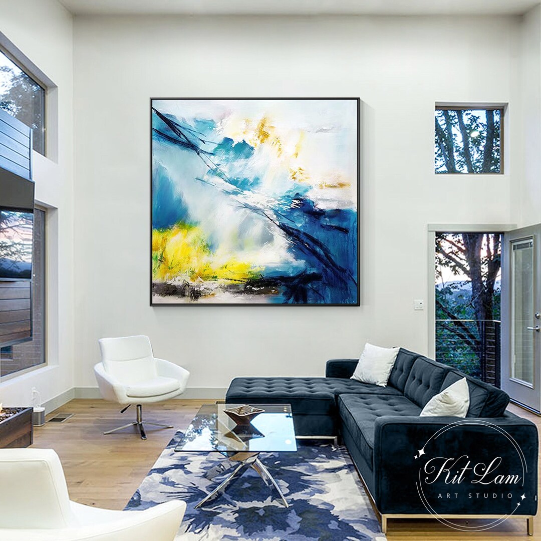 Blue Yellow Abstract Painting: Textured Canvas Wall Art Decor - Etsy