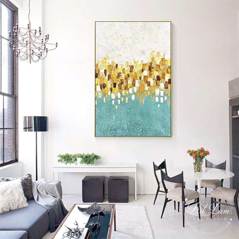 Blue Gold Abstract Painting Texture Painting Vertical Extra Large