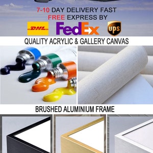 May include: A FedEx cargo aeroplane, tubes of blue, green, orange, and yellow paint, a roll of white canvas, and three brushed aluminium frames in black, golden, and silver colours. Text includes FedEx, DHL, UPS, and Quality Acrylic & Gallery Canvas.