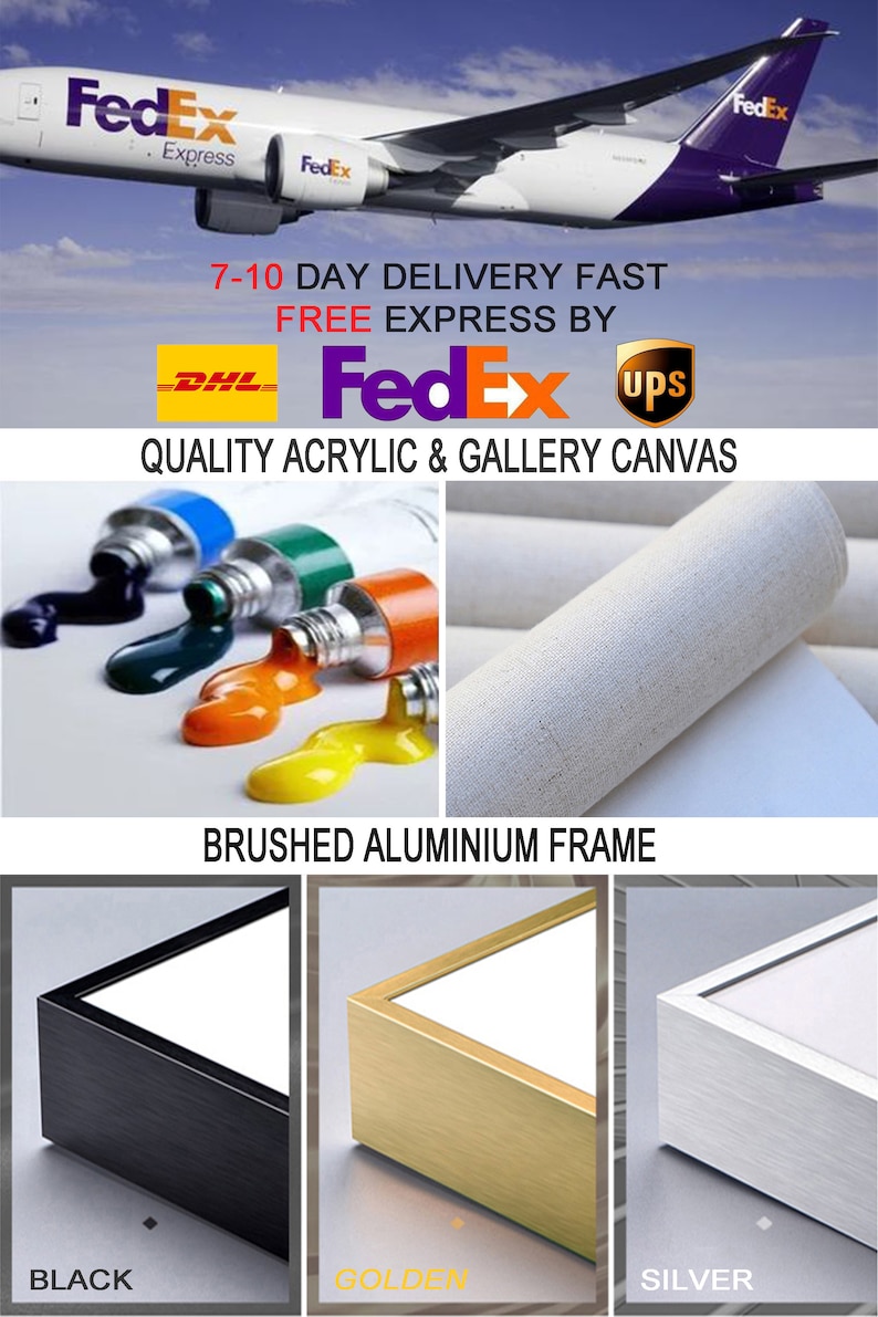 May include: A FedEx cargo aeroplane, tubes of blue, green, orange, and yellow paint, a roll of white canvas, and three brushed aluminium frames in black, golden, and silver colours. Text includes FedEx, DHL, UPS, and Quality Acrylic & Gallery Canvas.