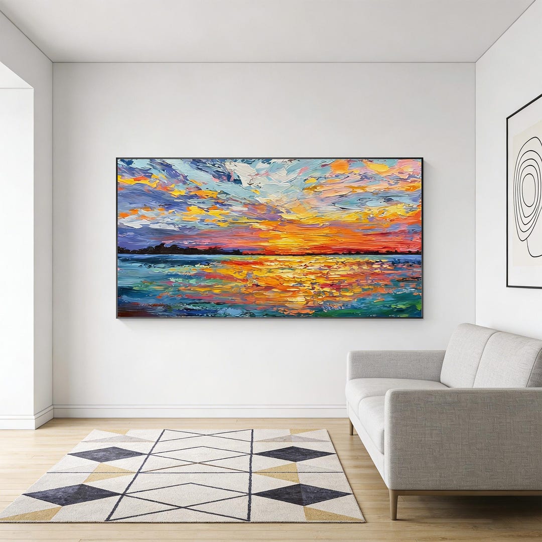 Colorful Sunset Seascape Oil Painting, Impressionist Ocean Wall Art ...