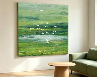 Cuadro al óleo pintado a mano de pájaros en un prado verde, arte minimalista sobre lienzo con paisaje natural.