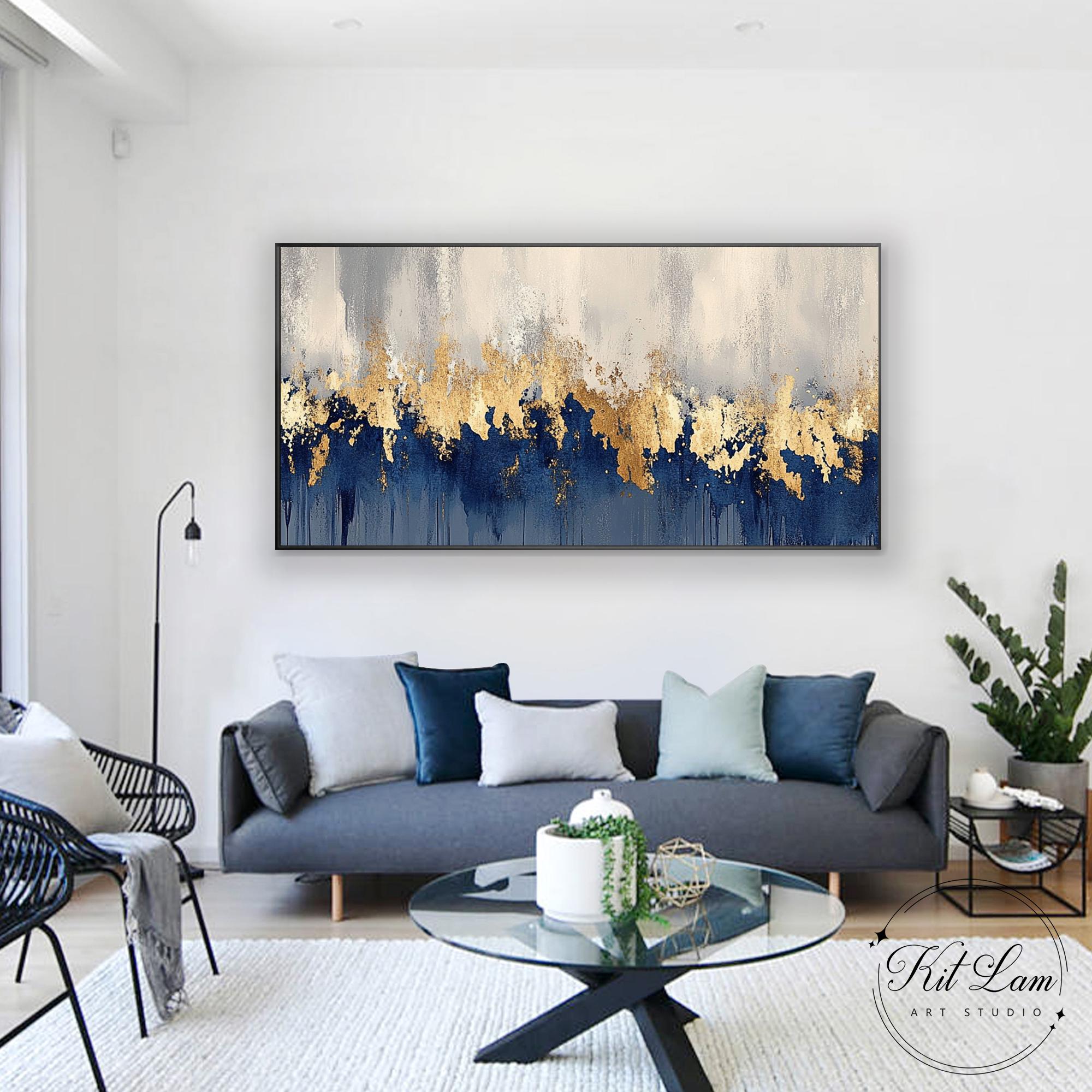 Gold Leaf Blue Abstract Painting on Canvas Modern Luxury Large ...